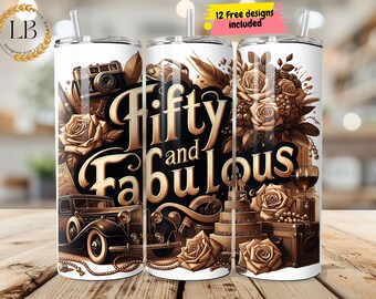Envoltura de vaso para 50 cumpleaños, PNG, delgada, de 20 oz, diseño de sublimación "Fifty and Fabulous", vaso de fiesta con purpurina retro, archivo de envoltura de descarga instantánea