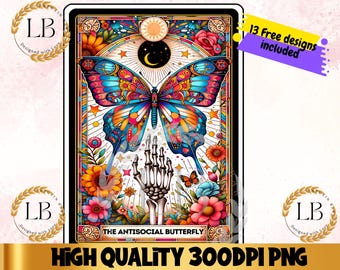 Antisocial Butterfly Tarot Card PNG, Funny Skeleton Design (Digital Download)