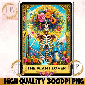 La carta del tarot amante de las plantas PNG, diseño de esqueleto de sublimación divertido, camiseta divertida del amante del jardín, descarga instantánea del clip digital del vaso