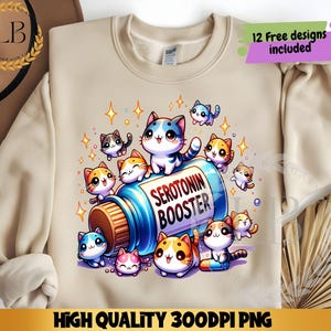 Gato com reforço de serotonina PNG, camiseta com estampa de mãe de gato PNG, design de sublimação para amantes de gatos, design digital para camisetas Happy Pills, design para amantes de gatos