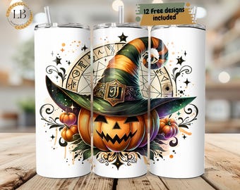 May include: White insulated tumbler featuring a Halloween design. The design includes a jack-o'-lantern wearing a witch's hat, surrounded by pumpkins, stars, and a celestial clock. The text "12 Free designs included" is also visible.