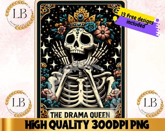 Drama Queen Tarot Card PNG, Skull Skeleton Sublimation Design (Digital Download)