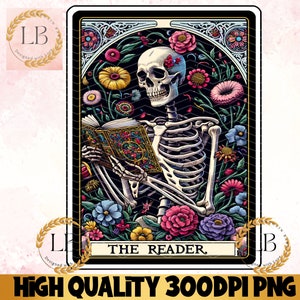 Carta del Tarot del Lector PNG, Descarga Digital, Archivo PNG de Camiseta y Taza del Tarot con Calavera para Amantes de los Libros, Diseño de Sublimación de Esqueleto Leyendo