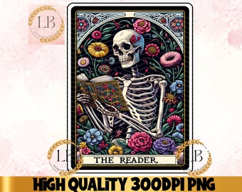 The Reader Tarot Card PNG, Book Lover Skeleton Sublimation Design (Digital Download)