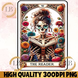 Die Leser-Tarotkarte PNG, Leseskelett-Sublimationsdesign, Buchliebhaber Booktrovert Schädel-Tarot-T-Shirt Becher PNG-Datei, digitaler Download