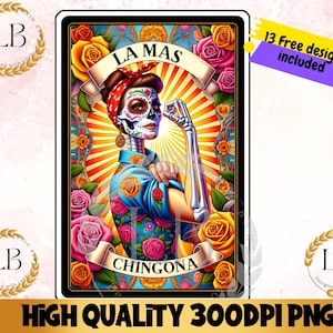 Carta de Tarô La Chingona PNG, Design Engraçado de Sublimação Mexicana, Esqueleto Chola, Loteria Latina Espanhola, Camiseta Feminina Caneca PNG Download Digital