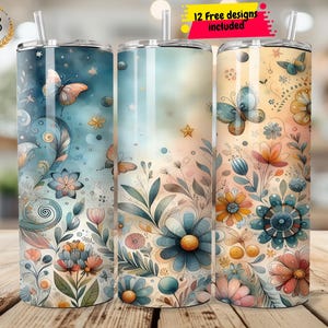 Tumbler con farfalla blu, tumbler sottile da 20 oz, design a sublimazione floreale, tumbler blu PNG, download digitale, amante delle farfalle