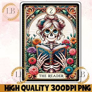 Die Leser-Tarotkarte PNG, Buchliebhaber Booktrovert Schädel-Tarot-T-Shirt Becher PNG-Datei, Leseskelett-Sublimationsdesign, digitaler Download