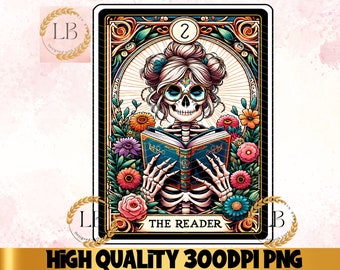 Reader Tarot Card PNG, Book Lover Skull Design (Digital Download)