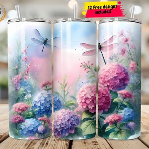 Watercolor Dragonflies 20 oz Skinny Tumbler Sublimation Design, Digital Download, PNG Instant Digital Only, Floral Straight Tumbler Wrap