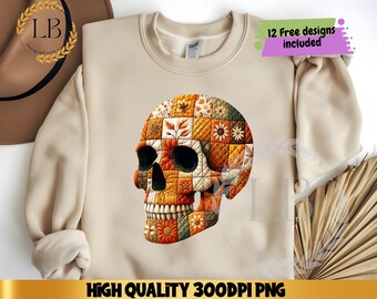 Preppy Floral Halloween Skull Png, Patchwork Halloween Png, Preppy Spooky Season Design, Boho Floral skull Png, Summerween png Spooky Season