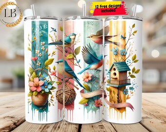 Birds Tumbler Wrap, Bird Lover 20 Oz Ounce Skinny Tumbler Wrap, Wild Birds Sublimation Design, Digital Download PNG Tumbler Wrap