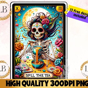 Funny Skeleton Tarot Card, Spill The Tea PNG, Tshirt Mug Digital Download, Sublimation Tote Bag Design, Popular Adult Humor Tarot Clipart