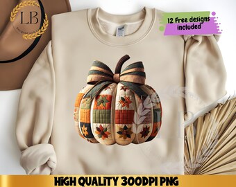 Faux Stickerei Patchwork Kürbis Png, Preppy Boho Blumen Herbst Png, Retro Herbst Png, Herbst Vibes Png, Kürbis Saison Png, Herbst Sublimation