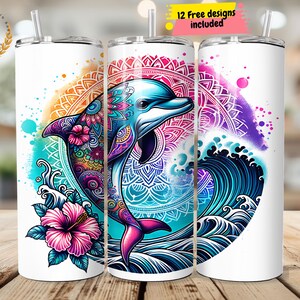 Emballage de verre dauphin, modèles de conception sublimation tropicale, emballage de verre de plage océan floral Hibiscus, png droit Téléchargement numérique