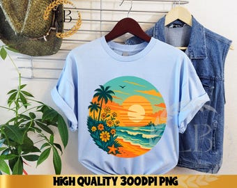Beach Sunset PNG Sublimation Design, Watercolor Ocean Clipart, Summer Vacation Tropical Digital Download for Tumbler Shirt Craft