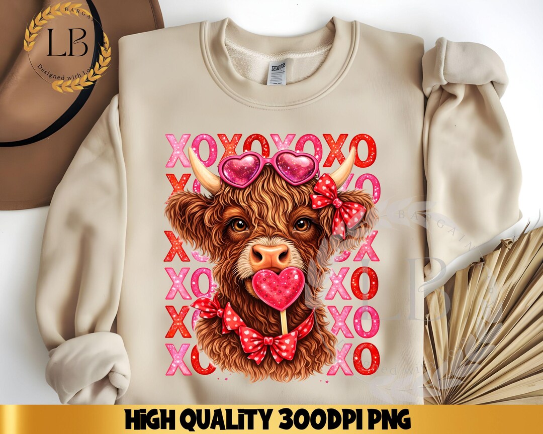 Valentine Highland Cow PNG, XOXO Coquette Sublimation (digital Download ...