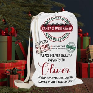 Personalized Santa Sack, Christmas Present Sack, Father Christmas Bag, Baby&#39;s First Christmas Gift, Strap & String Closure Christmas Sack