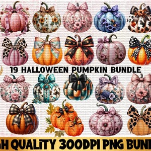 May include: A digital download of 19 Halloween pumpkin graphics. The pumpkins are in various colors and patterns, including pink, orange, blue, and green. The pumpkins are decorated with flowers, polka dots, and plaid patterns. The graphics are high quality and 300 DPI.