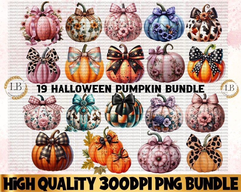 May include: A digital download of 19 Halloween pumpkin graphics. The pumpkins are in various colors and patterns, including pink, orange, blue, and green. The pumpkins are decorated with flowers, polka dots, and plaid patterns. The graphics are high quality and 300 DPI.