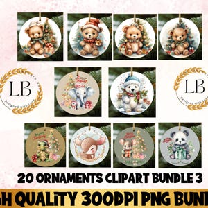 May include: A set of 20 digital Christmas ornament clipart images featuring various animals, including bears, penguins, deer, and a panda. The ornaments are decorated with festive elements like Christmas trees, presents, and snowflakes. The images are high quality and perfect for crafting projects, scrapbooking, and digital design.