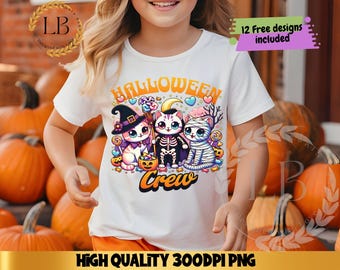 Cute Halloween Cat Crew PNG, Kawaii Witch, Skeleton & Mummy Cats, Sublimation Design, Fall Shirt Clipart, Digital Download, Spooky Season