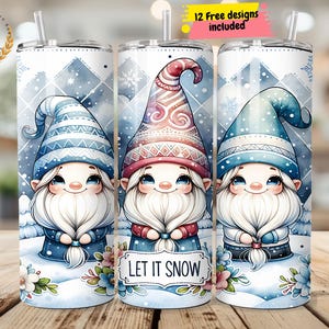Let It Snow Gnome 20 Oz Skinny Tumbler Wrap, Christmas Gnome Sublimation Tumbler Design Template, Digital Download, Snowflake PNG Design