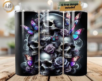 Spooky Skull Halloween Skeleton 20 oz Skinny Tumbler Sublimation Design Digital Download PNG Instant Digital File, Tumbler Wrap Skull Lover