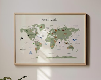 May include: A framed world map with a green background and illustrations of animals from different continents. The map is titled "Animal World".