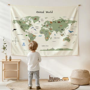 Tiere der Welt Karte Tapisserie Kinder Schlafzimmer Dekor Kinderzimmer Wandbehang Lernwand Kunst Geographie Tapisserie Wildtiere Wohnkultur