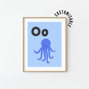 Póster del alfabeto con la letra O. O es para pulpo. Aprende el abecedario. Impresión náutica. Decoración infantil. Arte de pared para dormitorio infantil. Arte con letras. Imprimible educativo.