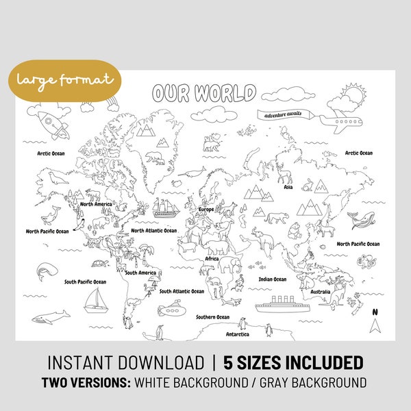 Animal World Colouring Page • Instant Download • Nursery Wall Art • Color In Travel Map • World Map with Animals • Large Format • 5 Sizes
