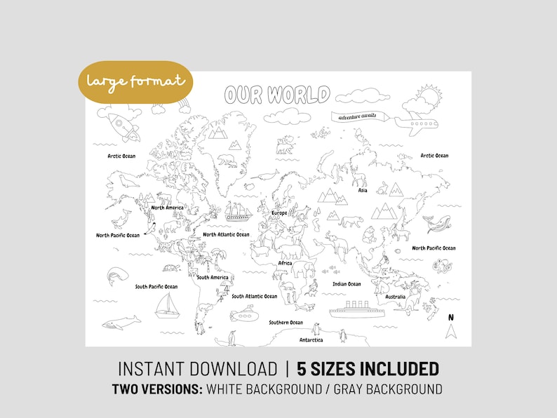 Animal World Map Coloring Page • Kids Nursery Art (digital Download) - Etsy