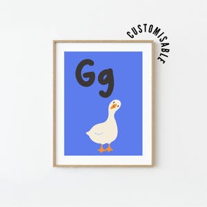 Póster del alfabeto con la letra G, "G es de ganso", para aprender el abecedario, para granja, decoración de guardería, arte de pared para dormitorio infantil, arte de letras, arte de pared educativo imprimible.