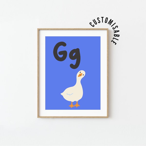 Stampa dell'alfabeto con la lettera G e l'oca, decorazione per cameretta dei bambini (download digitale)