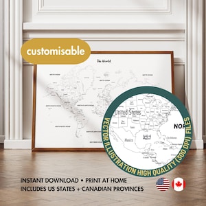 Weltkarte zum Ausmalen Reisekarte Welt mit US Bundesstaaten + CAN Provinzen Farbe in Karte Orte, an denen ich war Country Tracker Druckbare Weltkarte