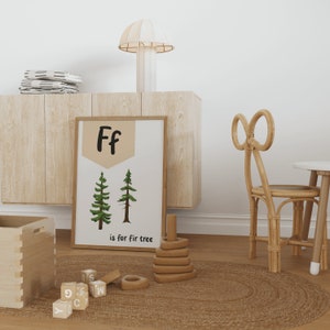 Impresión de la letra F para guardería, impresión de abeto forestal, arte de pared para guardería, impresión del alfabeto para sala de juegos, arte de pared para amantes de la naturaleza, póster para aula