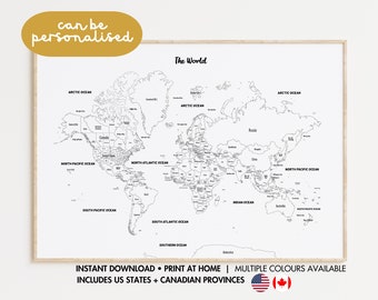 World Map Colouring • Colour in Travel Map • World Map Countries with US States + CAN Provinces • Places I've Been Tracker • Country Tracker