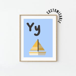 Póster del alfabeto con la letra Y • Y es para Yate • Impresión para aprender el abecedario • Decoración infantil • Arte de pared para dormitorio infantil • Arte con letras • Imprimible educativo