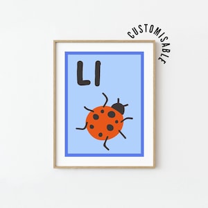 Póster del alfabeto con la letra L • L es para Mariquita • Impresión para aprender el abecedario • Decoración infantil • Arte de pared para dormitorio infantil • Arte con letras • Imprimible educativo