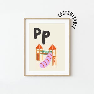 Pôster do alfabeto com a letra P • P é para playground • Impressão para aprender o alfabeto • Decoração de berçário • Arte de parede para quarto infantil • Arte de letras para impressão