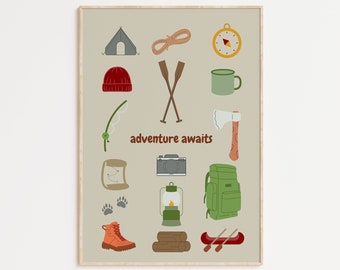 Adventure Awaits Nursery Print • Beige Camping Theme (Digital Download)