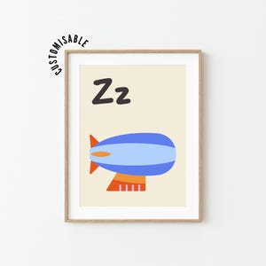 Póster del alfabeto con la letra Z. La Z es de Zeppelin. Aprende el abecedario. Impresión para decoración de guardería. Arte de pared para dormitorio infantil. Arte de letras imprimible. ORG-ABC.