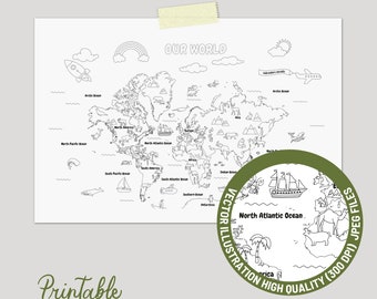 Animal World Map Kids Bedroom Decor Printable World Map Coloring Page Homeschool Activity Classroom Wall Art Animal Map