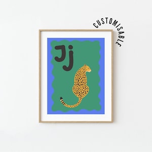Pôster do alfabeto com a letra J • J é para Jaguar • Aprenda o alfabeto • Decoração de berçário com tema de selva • Arte de parede para quarto infantil Boho • Impressão de letras • Para impressão