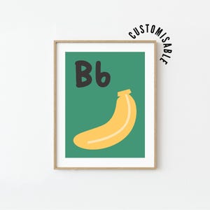 Stampa a forma di banana con lettera B, decorazione per cameretta ABC (download digitale)
