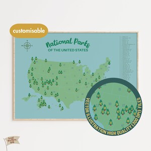 Carte du parc national des États-Unis, décoration de parc national, chambre d'enfant aventure, impression de voyage, cadeau parc national, cadeau de randonneur, carte de la liste des seaux NPS, envie de voyager