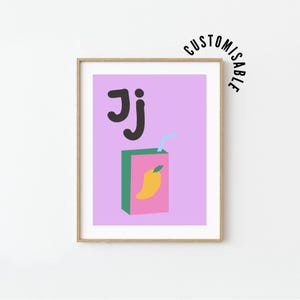 Póster del alfabeto con la letra J • J es para jugo • Impresión para aprender el abecedario • Decoración infantil • Arte de pared para dormitorio infantil • Arte con letras • Imprimible educativo