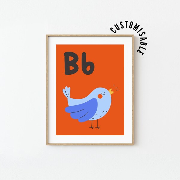 Stampa con lettera B e uccellino, decorazione per cameretta dei bambini ABC (download digitale)
