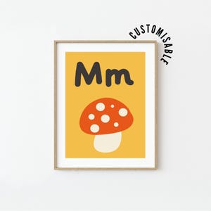 Póster del alfabeto con la letra M • M es para hongo • Impresión para aprender el abecedario • Decoración infantil • Arte de pared para dormitorio infantil • Arte con letras • Imprimible educativo